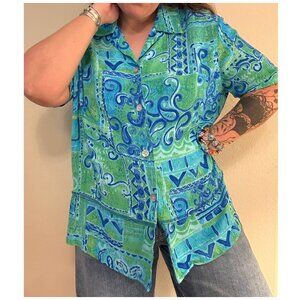Vintage 90s CM Shapes Blue Green Printed Button Down Blouse L/XL